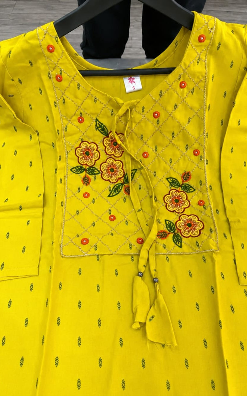 rayon kurti with palazzo, round neck, calf length,sleeve length is three quater