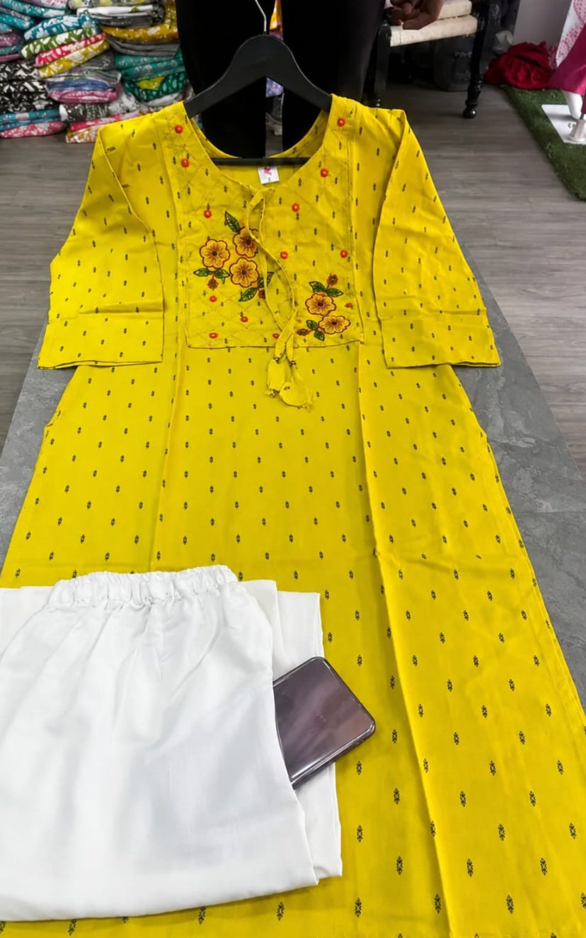 Rayon Kurti with Palazzo, Round neck, Calf length, Three-Quater Sleeves
