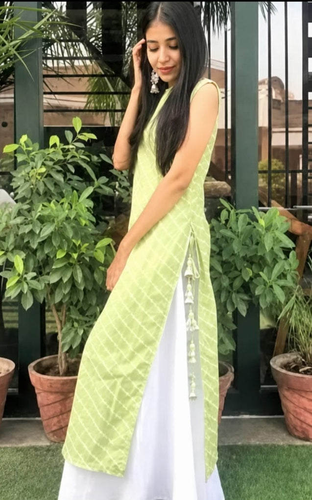 rayon kurta with palazzo, tassals and latkans, sleeveless, calf length