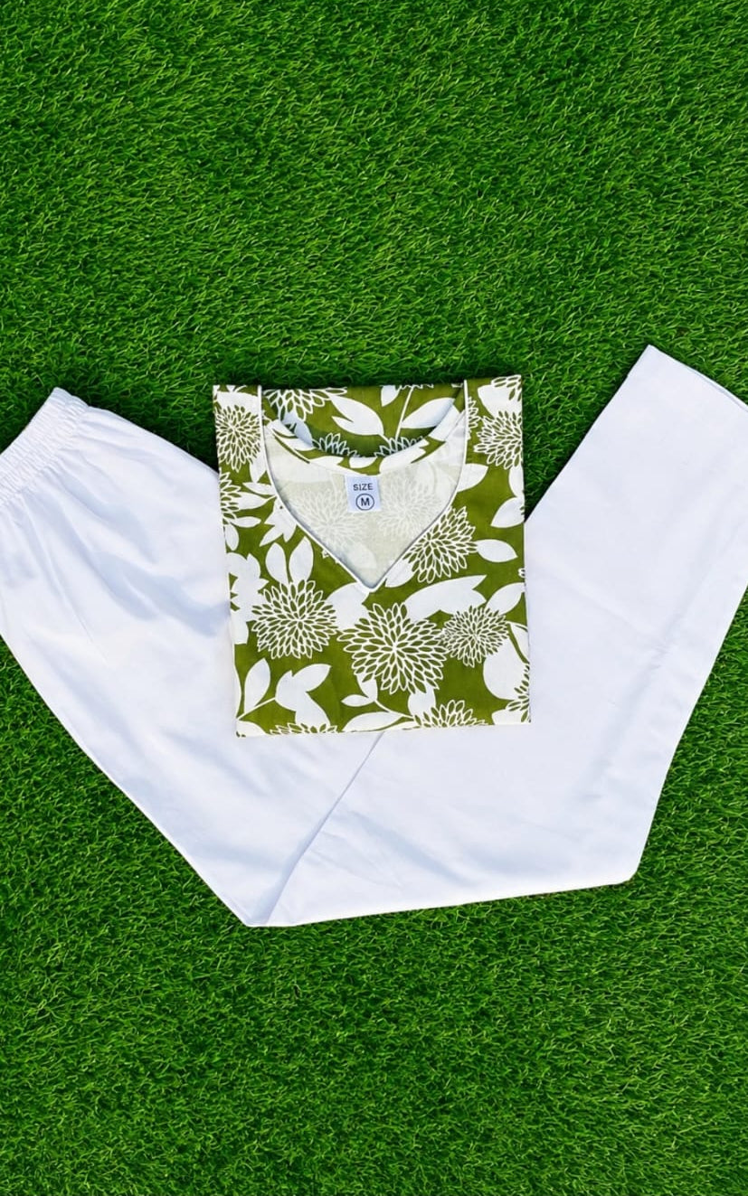 khadi cotton kurti with paijama, knee length, sleeve length is three quater