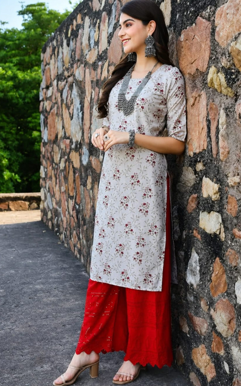 polyester crepe A line kurti, round neck, calf length, sleeves length is three quater