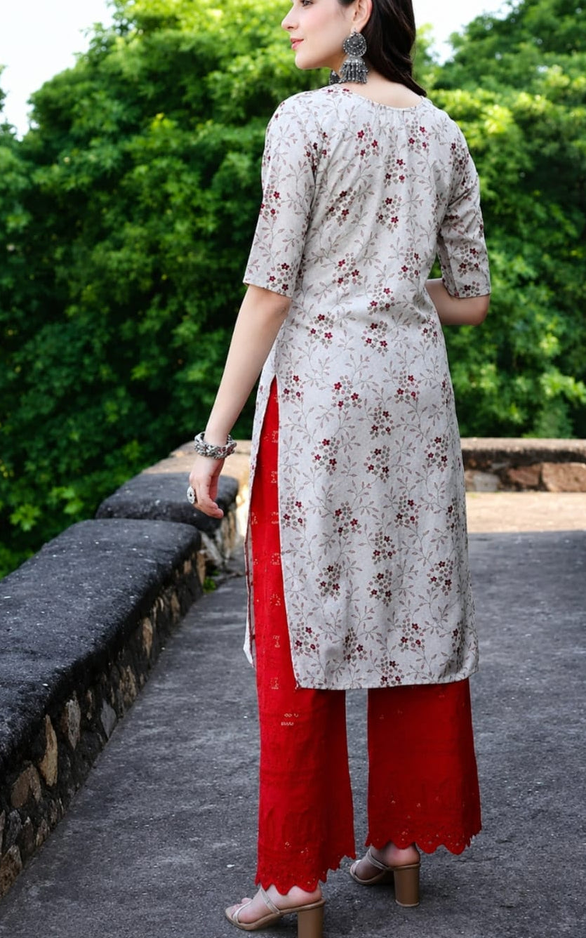polyester crepe A line kurti, round neck, calf length, sleeves length is three quater