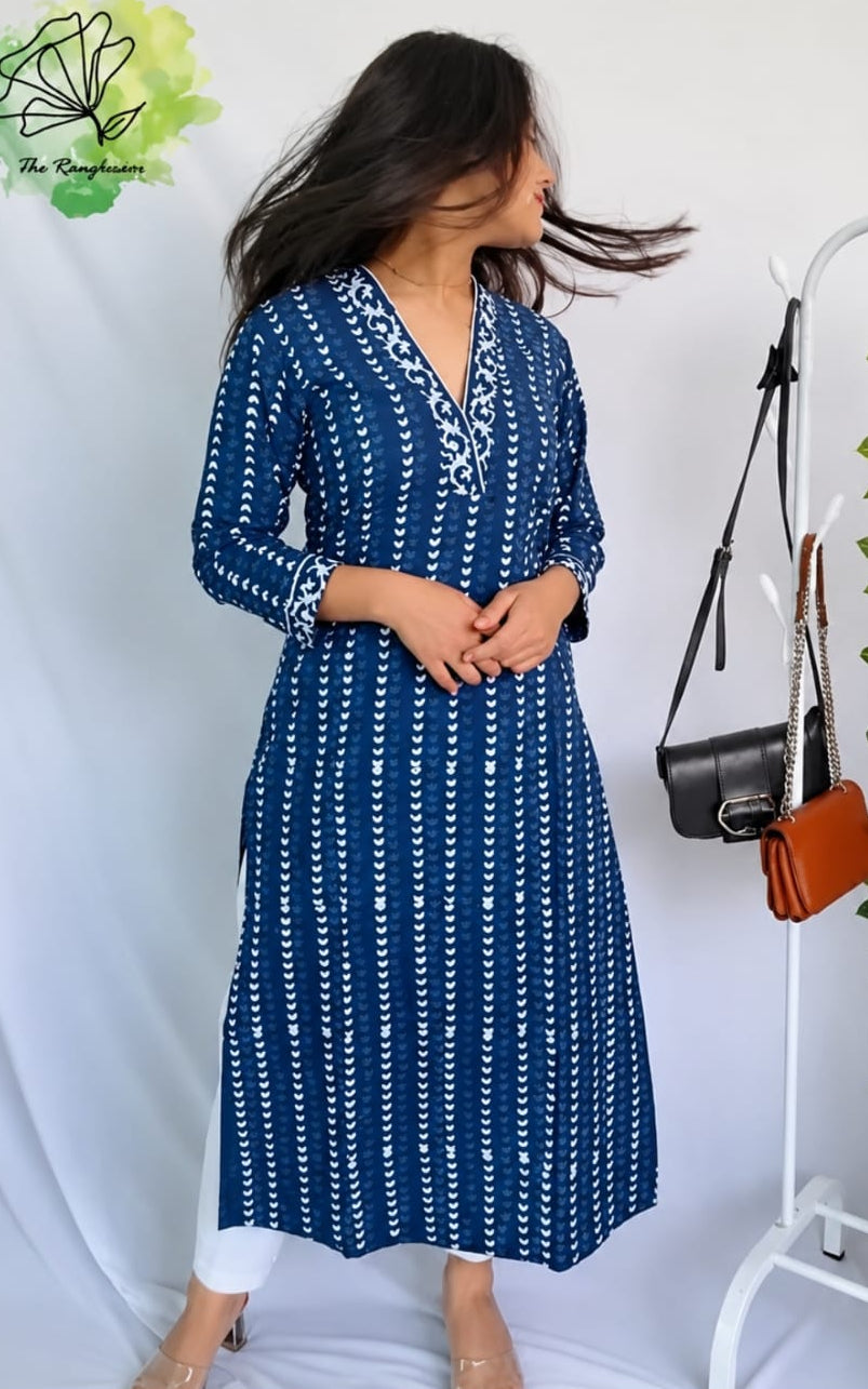 viscous rayon kurti with bottomwear, V-neck, calf length, sleeve length three quater