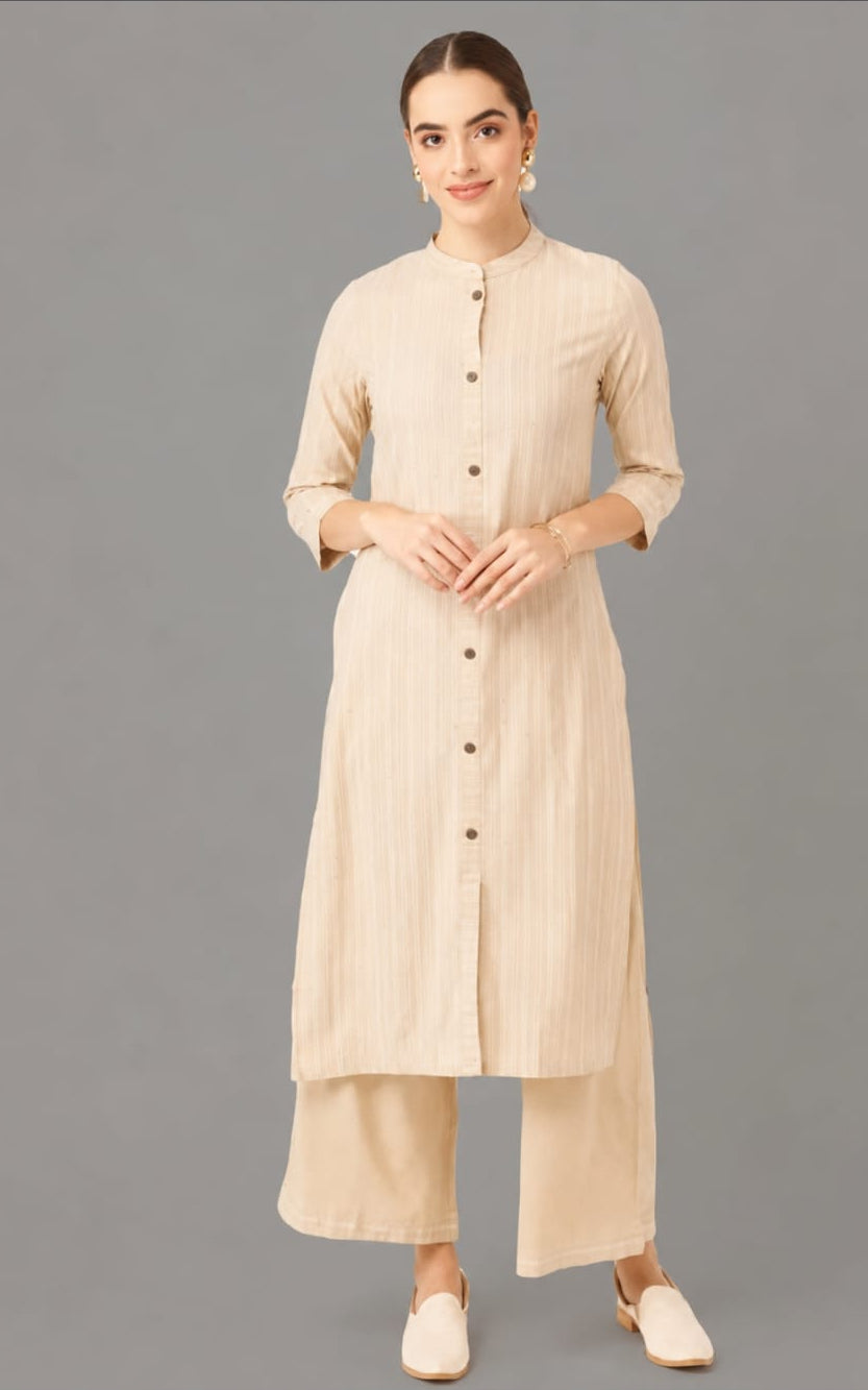 cotton kurta with bottomwear, calf length, mandarin neck, sleeve length three quater
