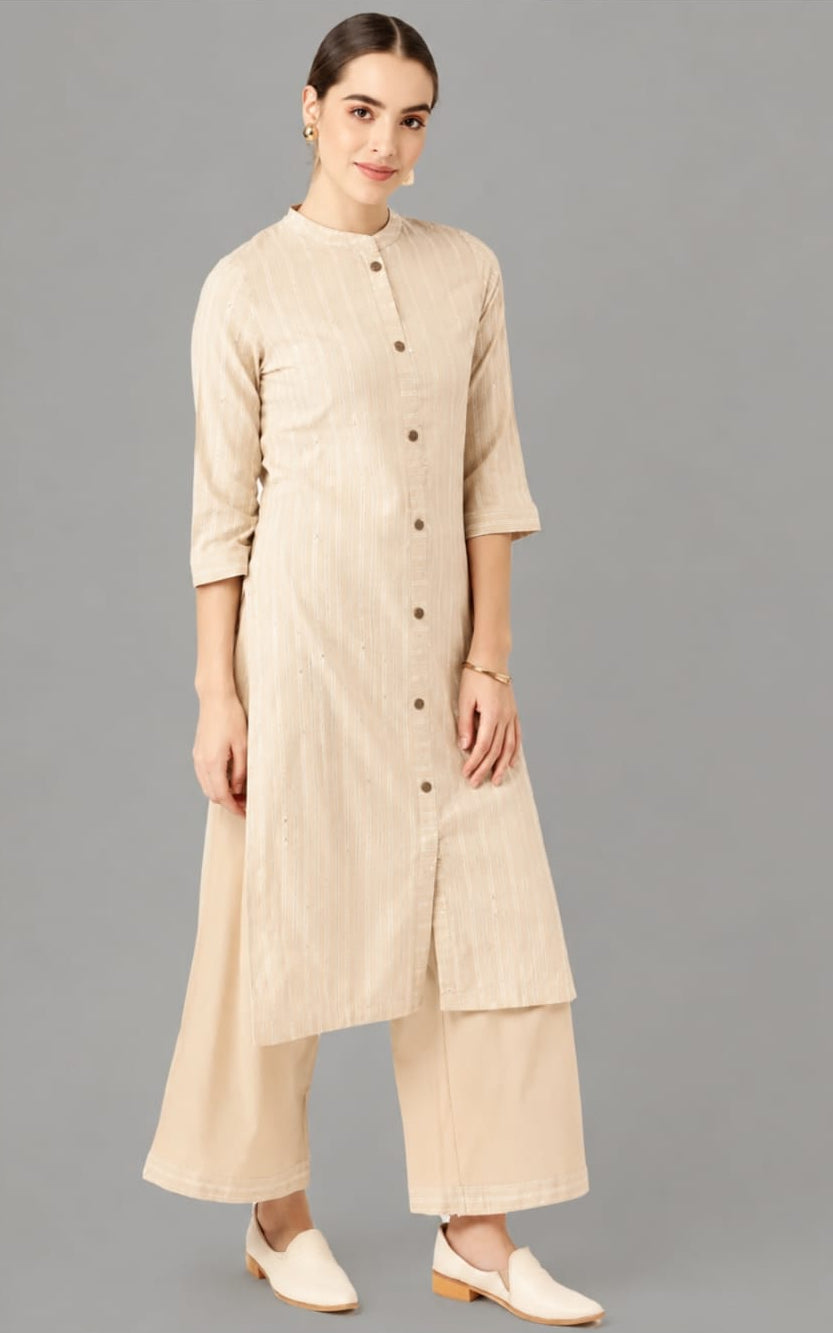cotton kurta with bottomwear, calf length, mandarin neck, sleeve length three quater