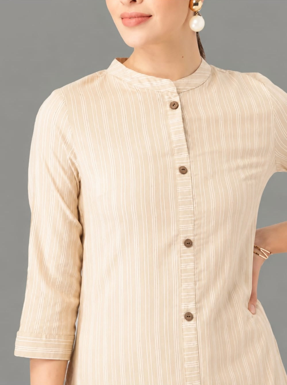 cotton kurta with bottomwear, calf length, mandarin neck, sleeve length three quater