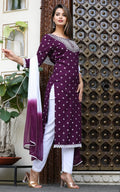 rayon kurta with bottomwear and duppata, calf length, round neck, three quater sleeves