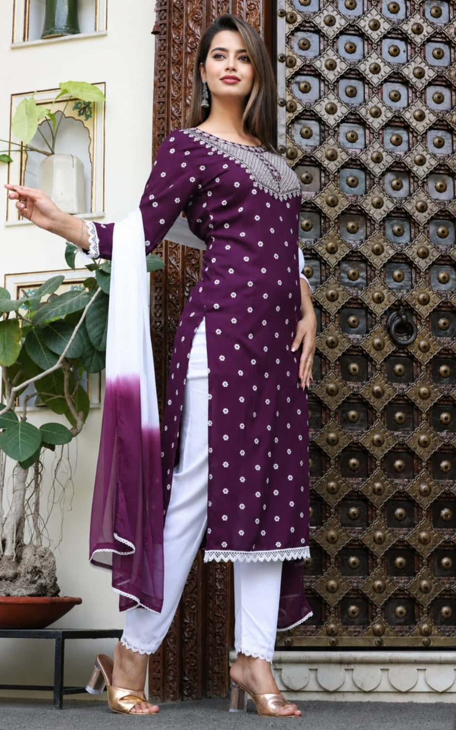 rayon kurta with bottomwear and duppata, calf length, round neck, three quater sleeves