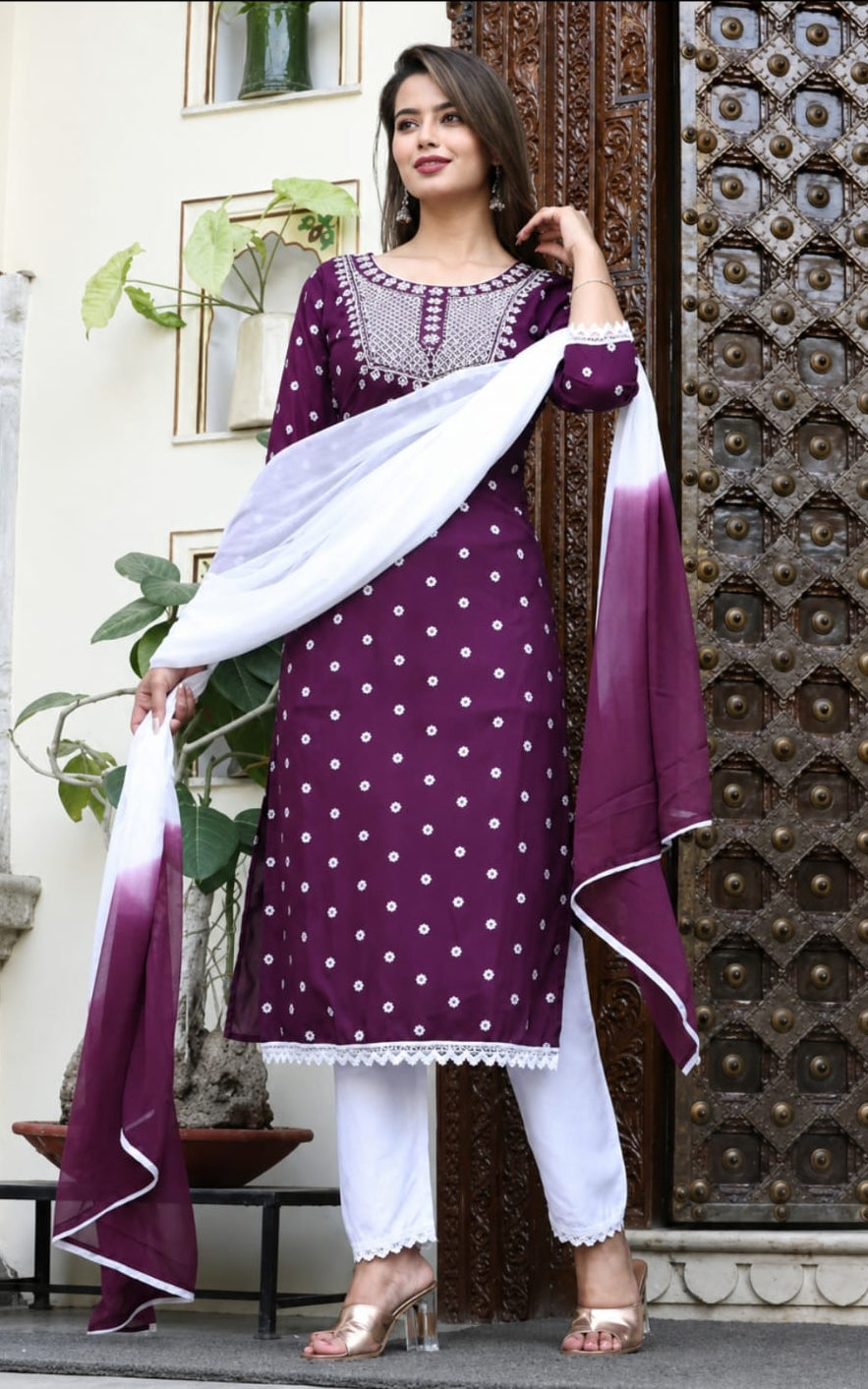 rayon kurta with bottomwear and duppata, calf length, round neck, three quater sleeves
