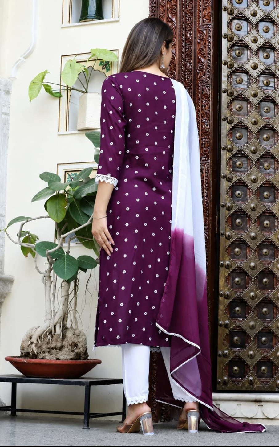 rayon kurta with bottomwear and duppata, calf length, round neck, three quater sleeves