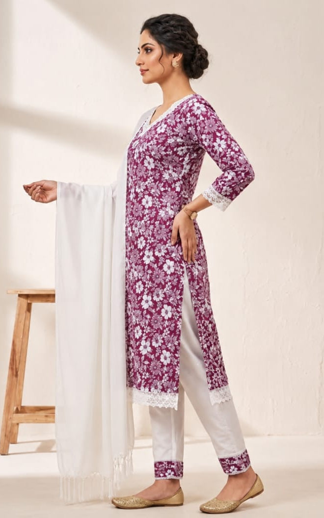 khadi cotton kurta with bottomwear, round neck, calf length, three quater sleeves