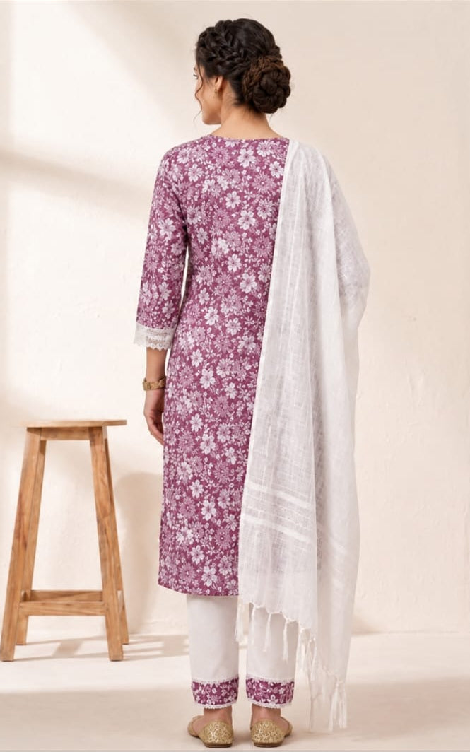 khadi cotton kurta with bottomwear, round neck, calf length, three quater sleeves