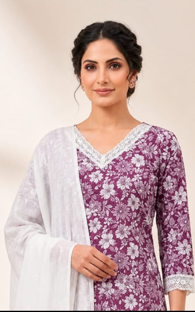 khadi cotton kurta with bottomwear, round neck, calf length, three quater sleeves