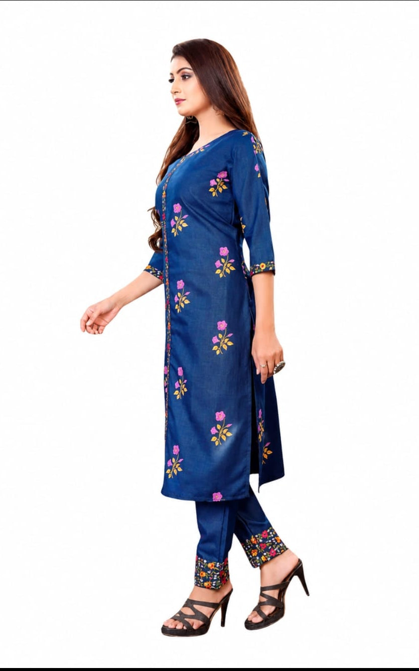 A-line cotton kurti with bottomwear, round neck, calf length, three quater sleeves
