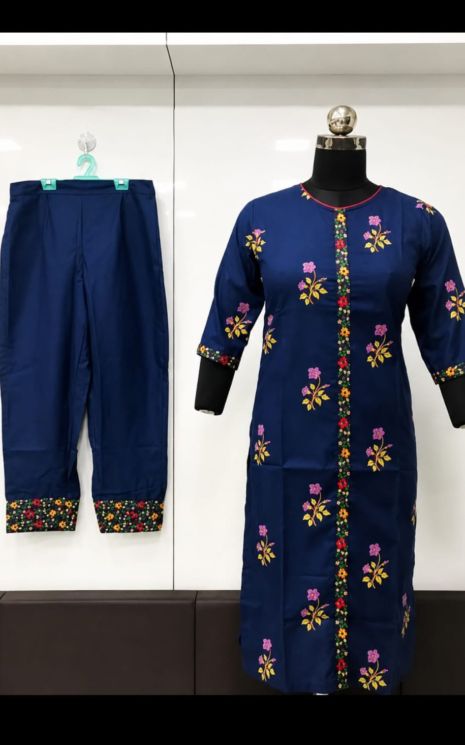 A-line cotton kurti with bottomwear, round neck, calf length, three quater sleeves