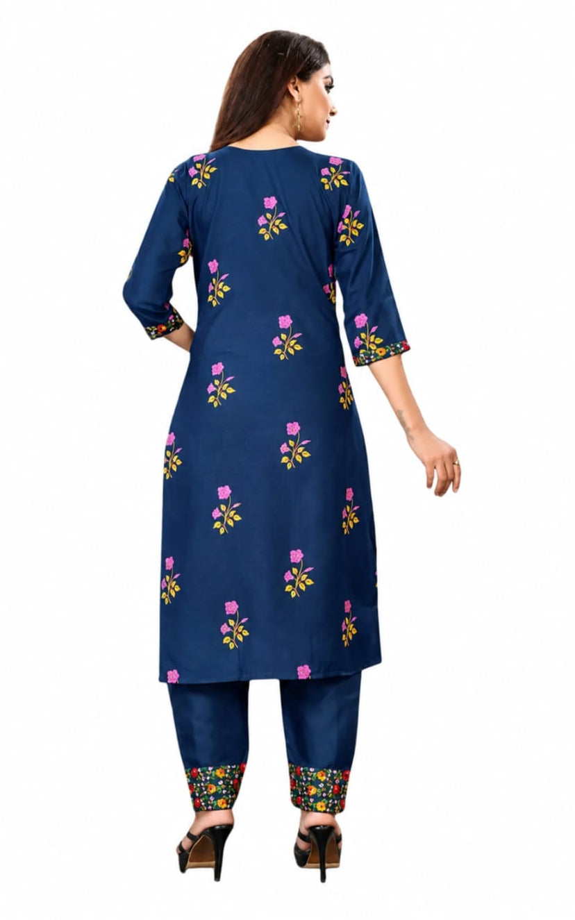 A-line cotton kurti with bottomwear, round neck, calf length, three quater sleeves