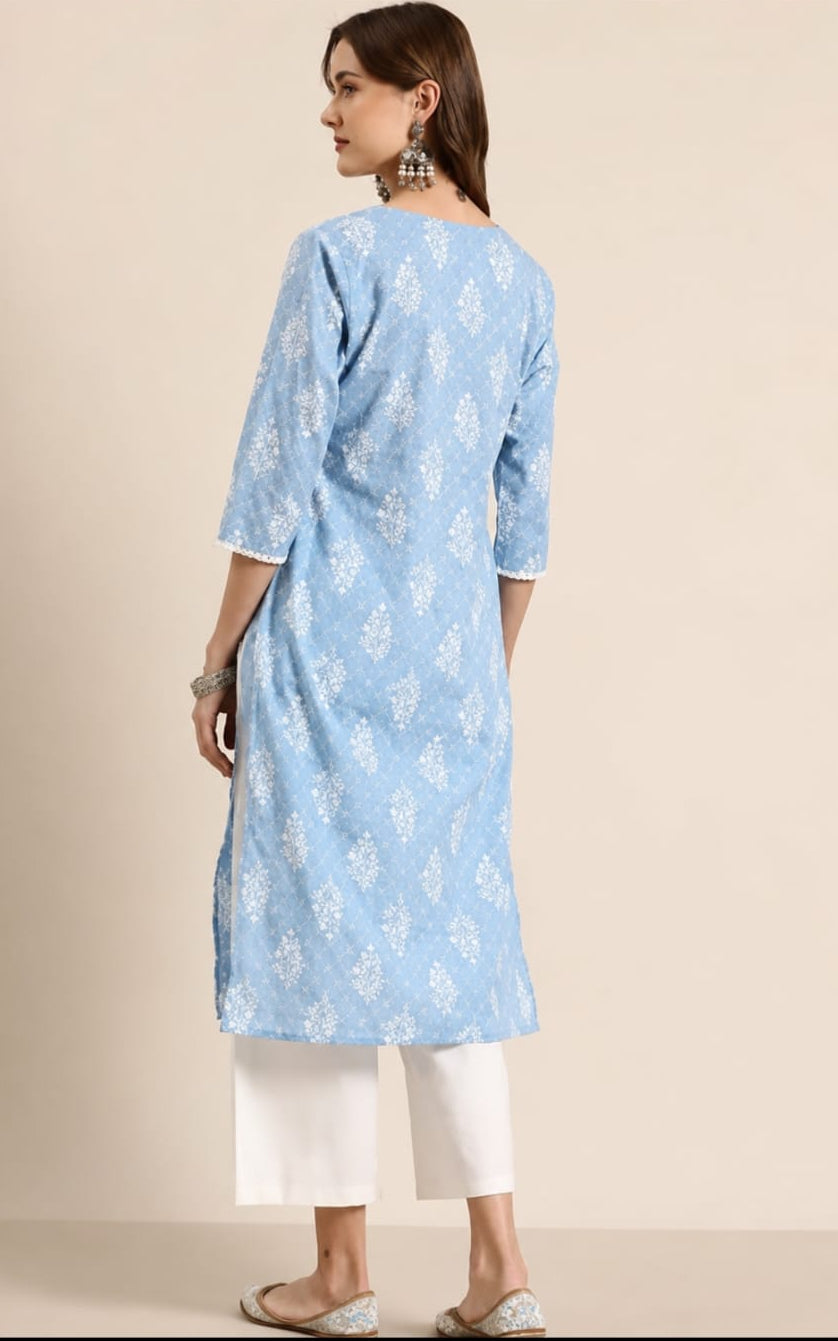 printed V-neck cotton kurti, calf length, sleeves length is three quater