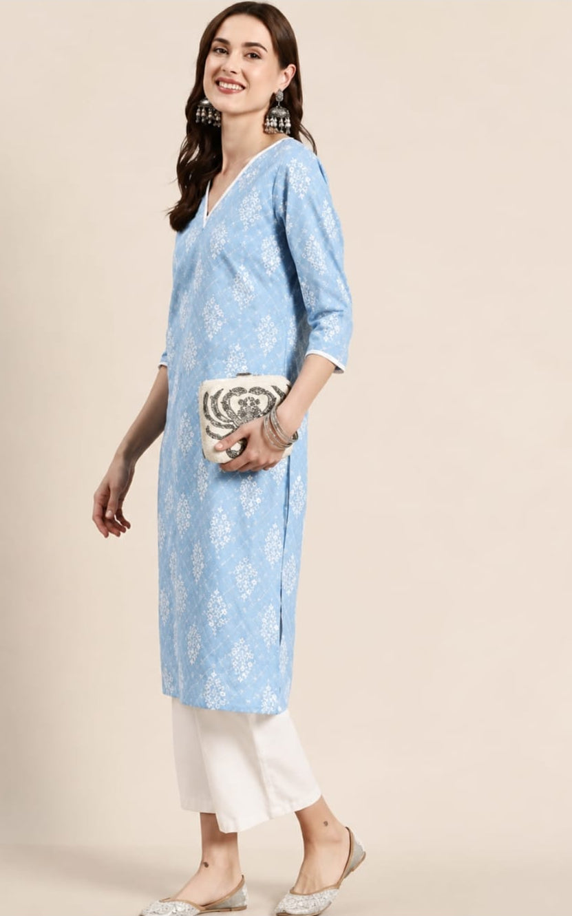 printed V-neck cotton kurti, calf length, sleeves length is three quater