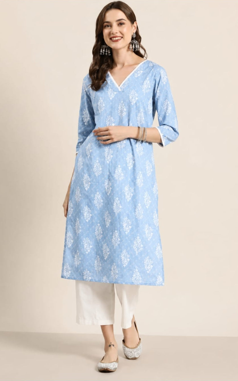 printed V-neck cotton kurti, calf length, sleeves length is three quater