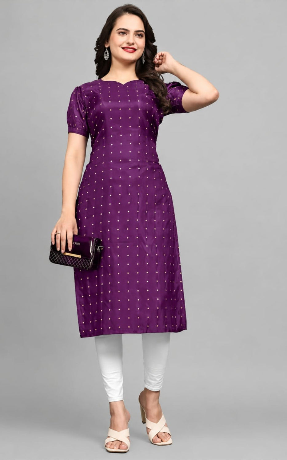 purple PAAN neck kurti, calf length, short sleeves