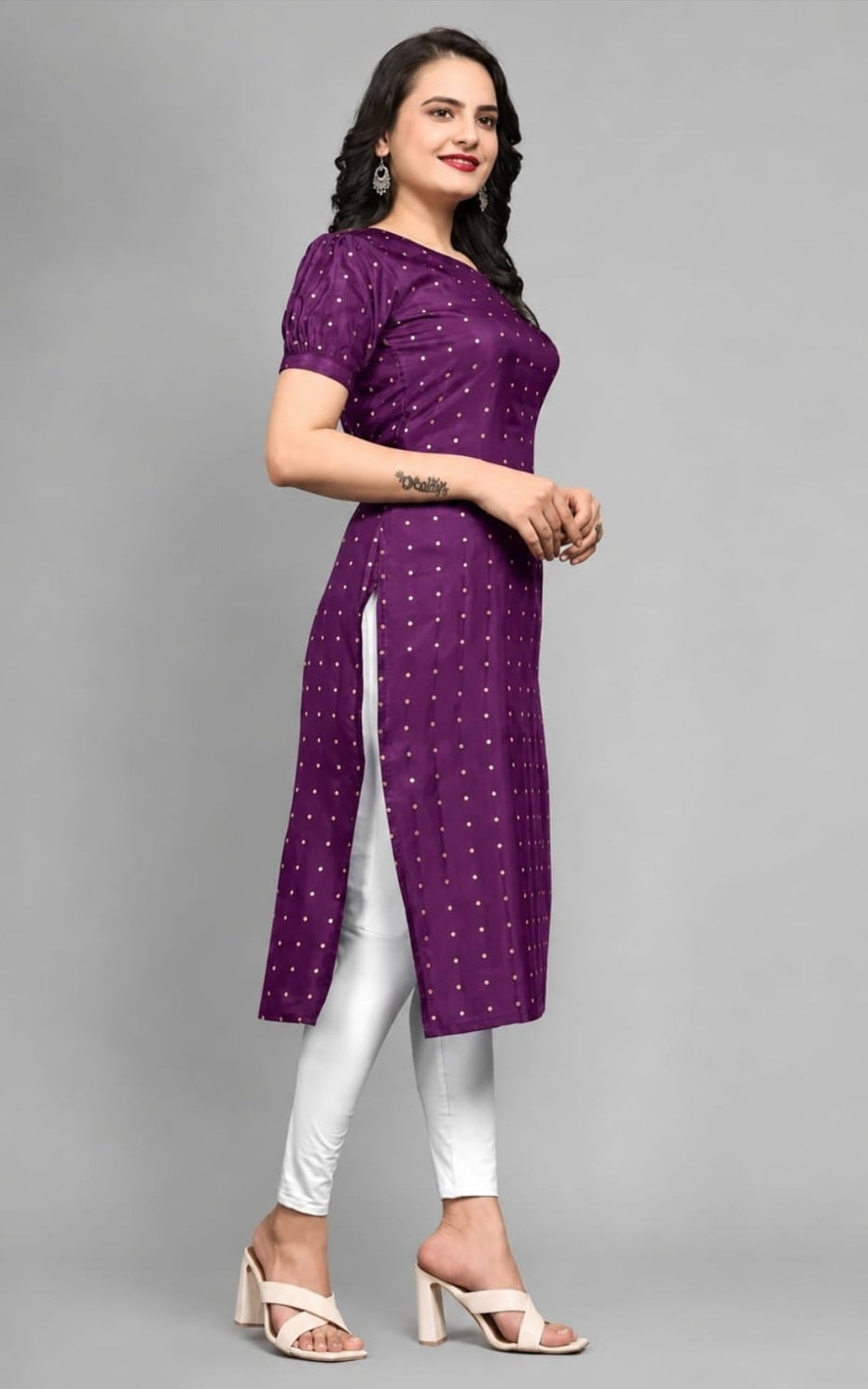 purple PAAN neck kurti, calf length, short sleeves