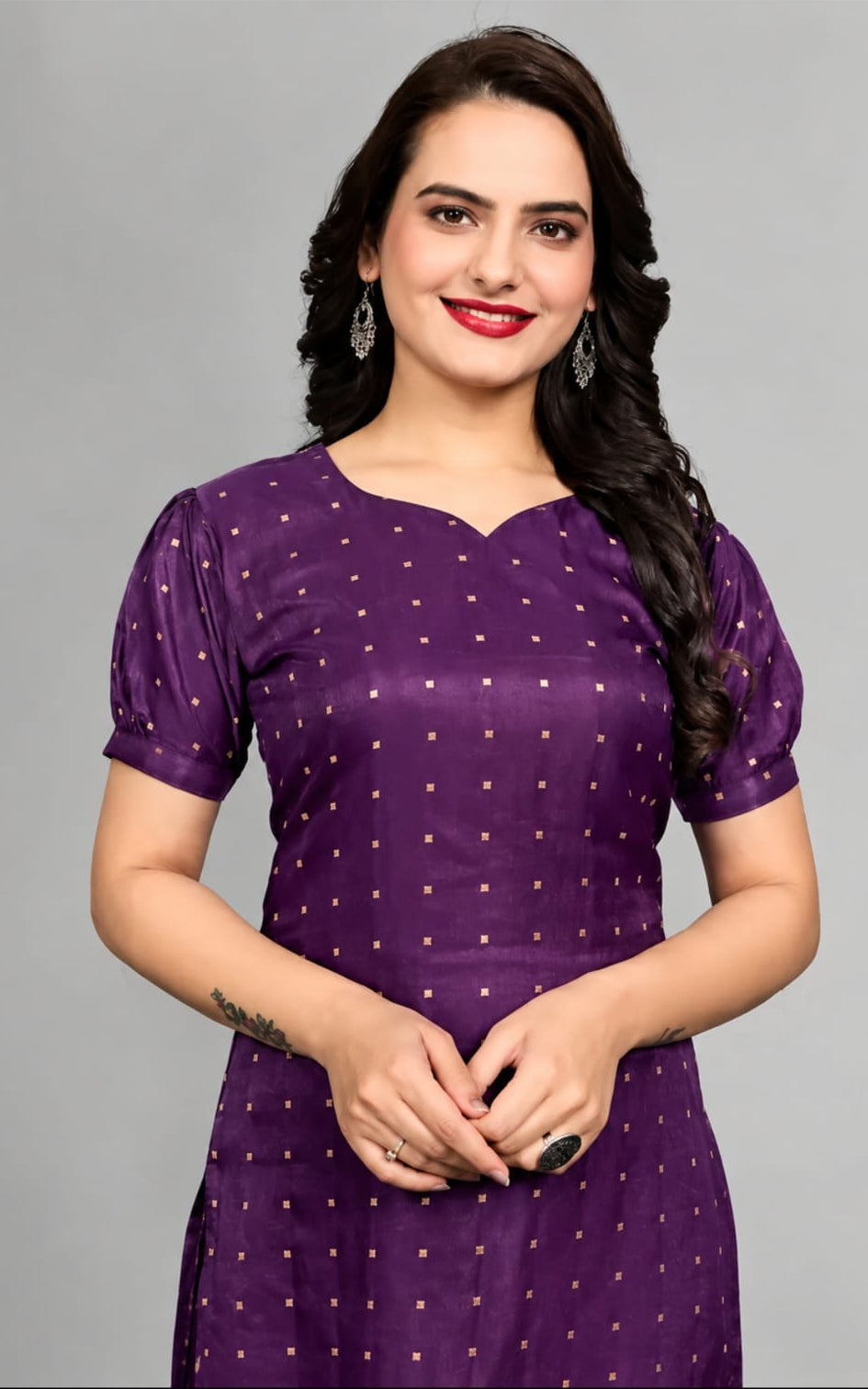 purple PAAN neck kurti, calf length, short sleeves