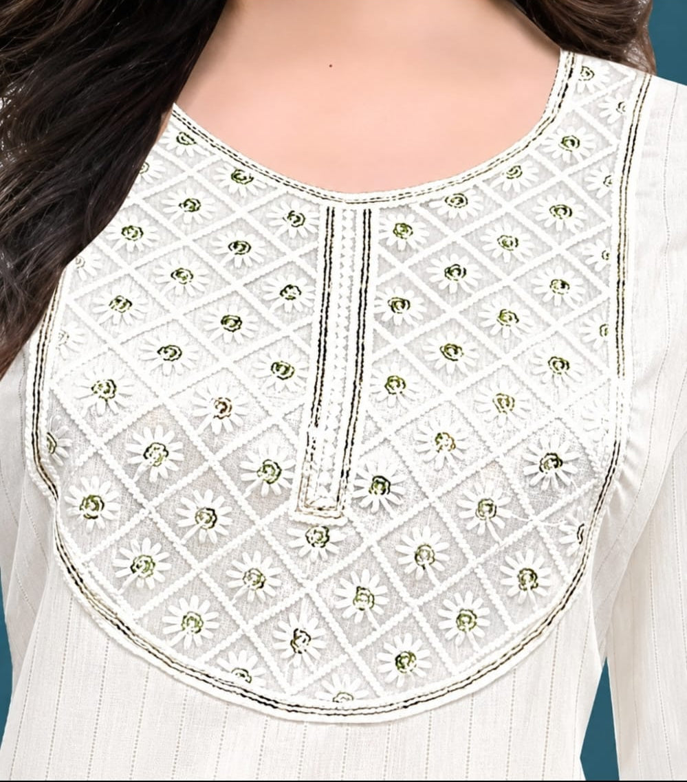 Round neck cotton kurti, calf length, sleeves length is three quater