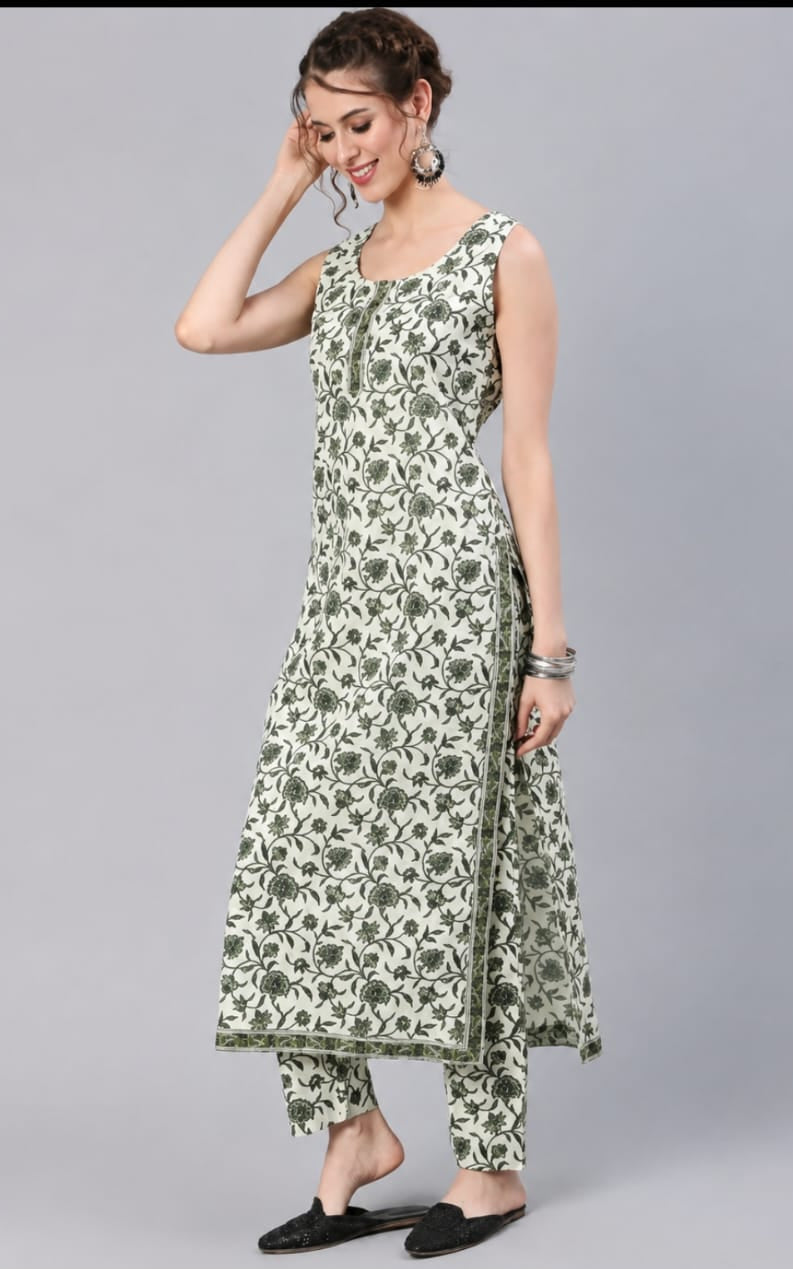 Printed round neck cotton kurti with bottomwear, calf length, sleeveless