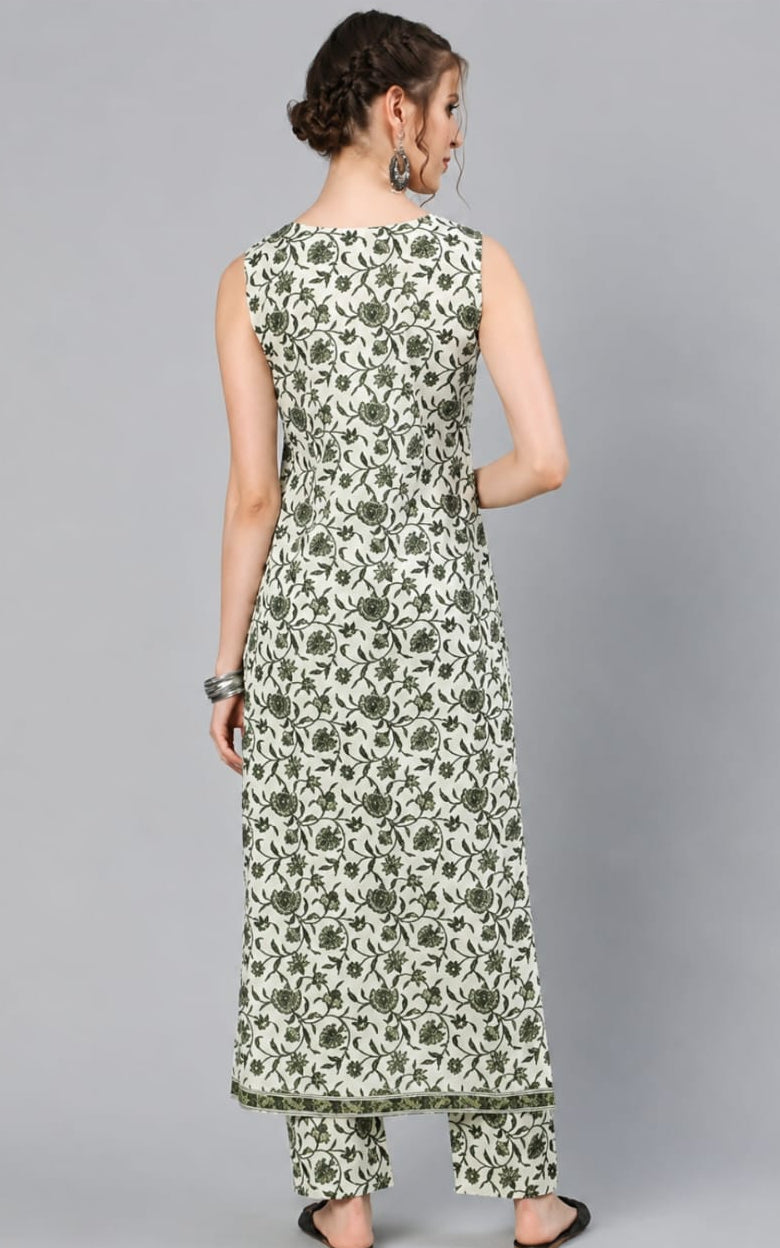 Printed round neck cotton kurti with bottomwear, calf length, sleeveless