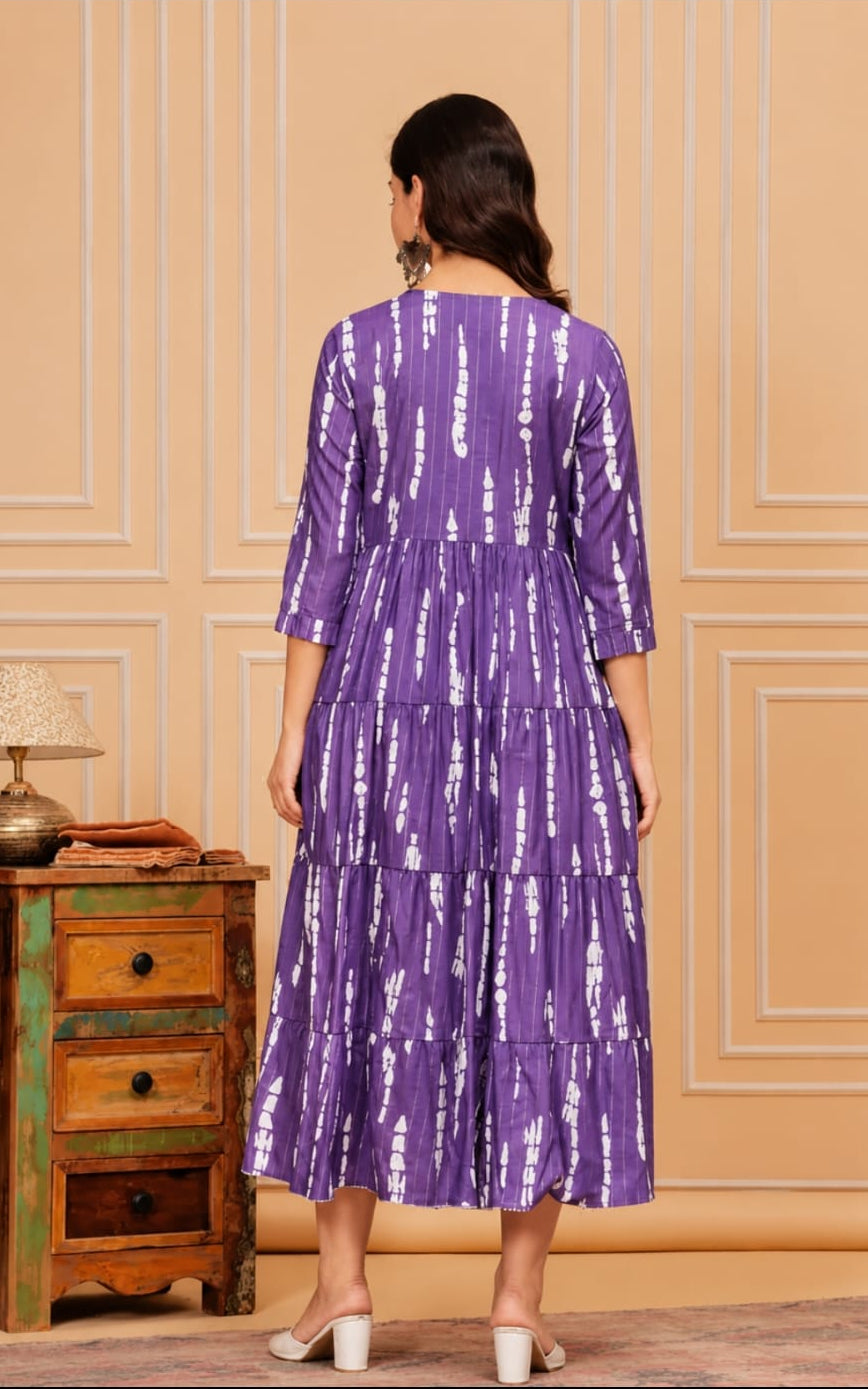 Round neck viscous rayon kurti, calf length, sleeves length is three quater