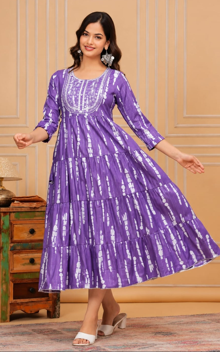 Round neck viscous rayon kurti, calf length, sleeves length is three quater