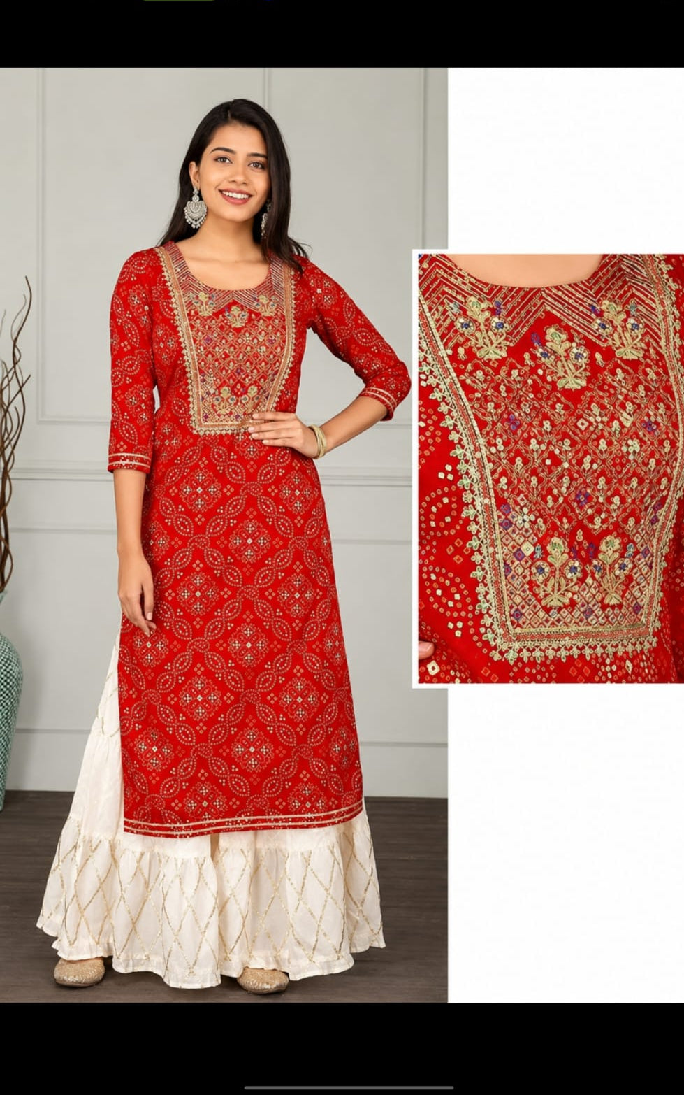 Rayon kurta with bottomwear, round neck, calf length, three quate sleeves