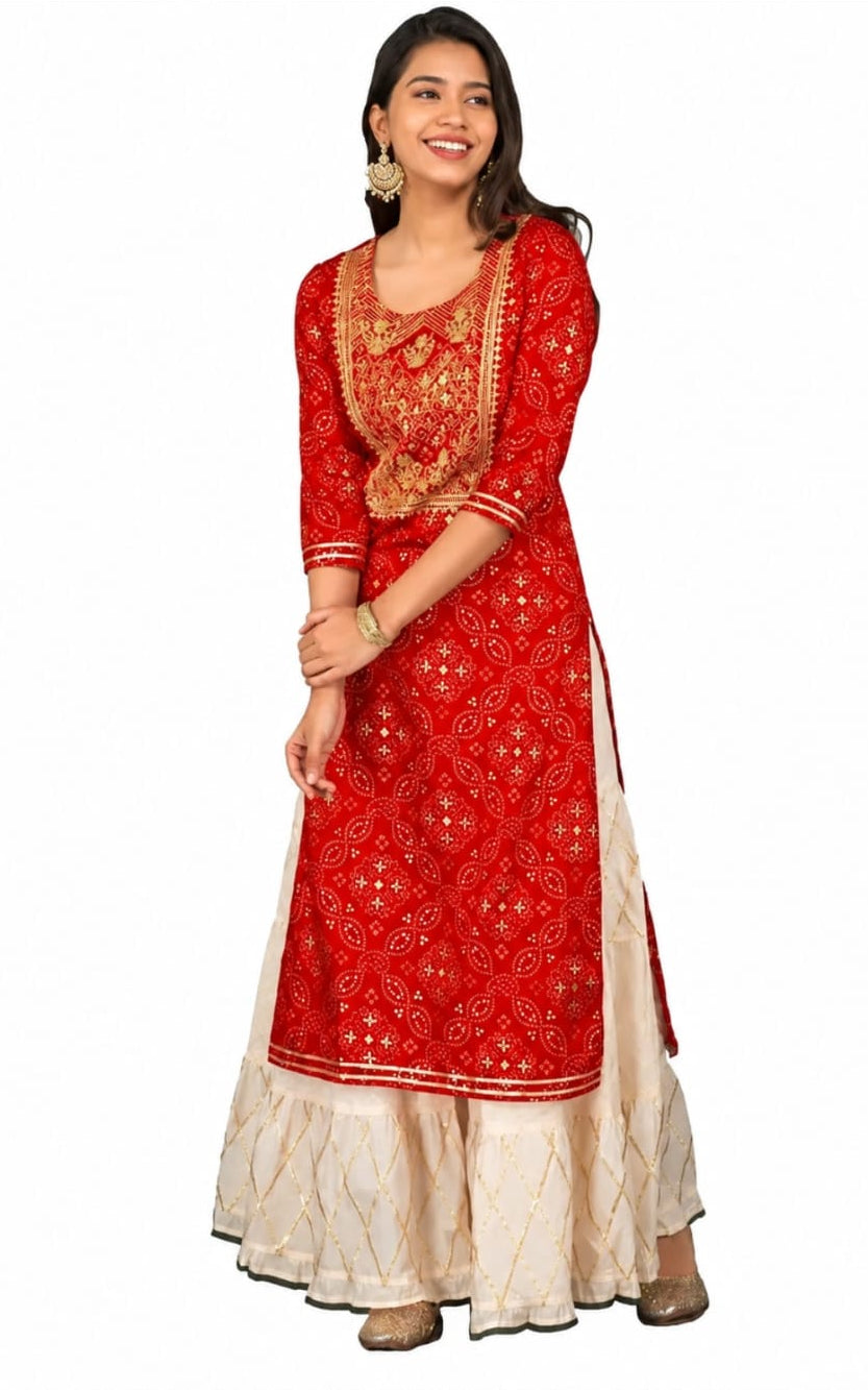 Rayon kurta with bottomwear, round neck, calf length, three quate sleeves