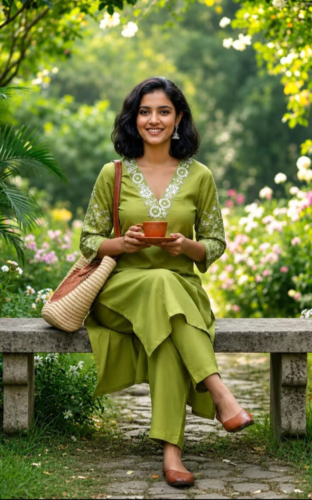 Cotton kurta with bottomwear, round neck, calf length, three quater sleeves length