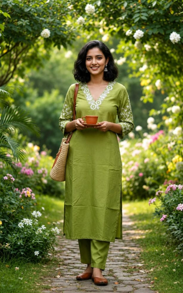 Cotton kurta with bottomwear, round neck, calf length, three quater sleeves length