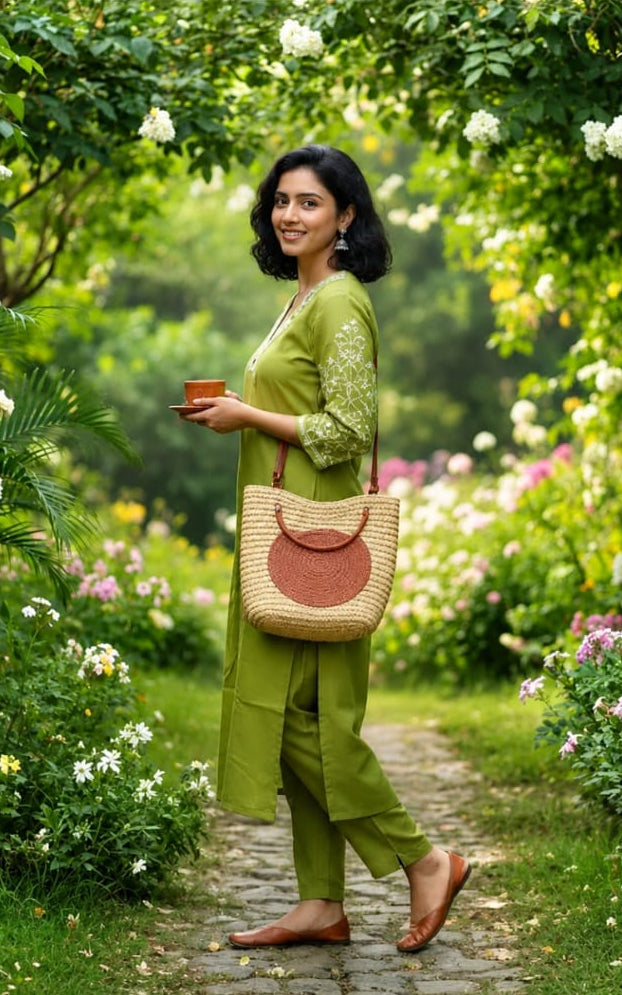 Cotton kurta with bottomwear, round neck, calf length, three quater sleeves length