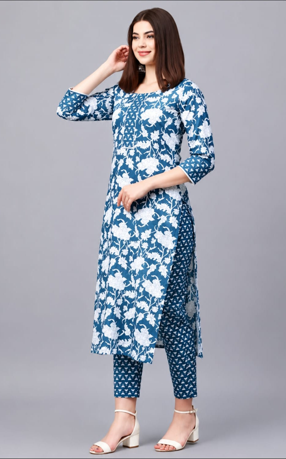 Kurta with bottomwear, round neck, calf length, sleeves length is three quater