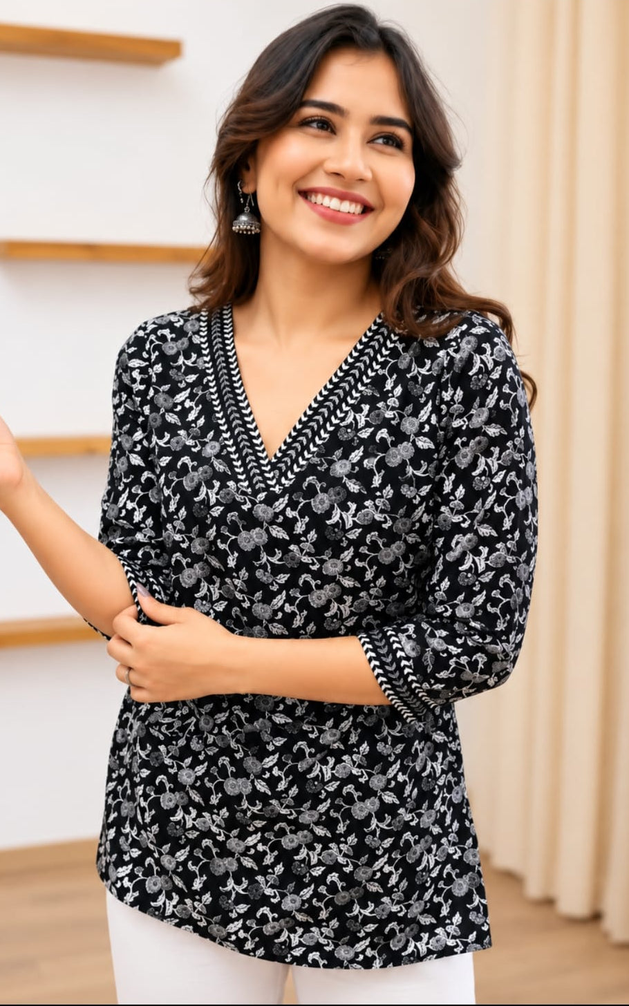 V-neck rayon short kurti, above knee, sleeves length is three quater