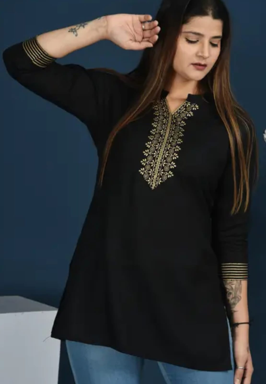 Mandarin neck rayon kurti, calf length, sleeves length is three quater