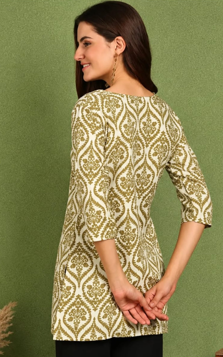 Notch neck cotton kurti, above knee, three quater sleeves length