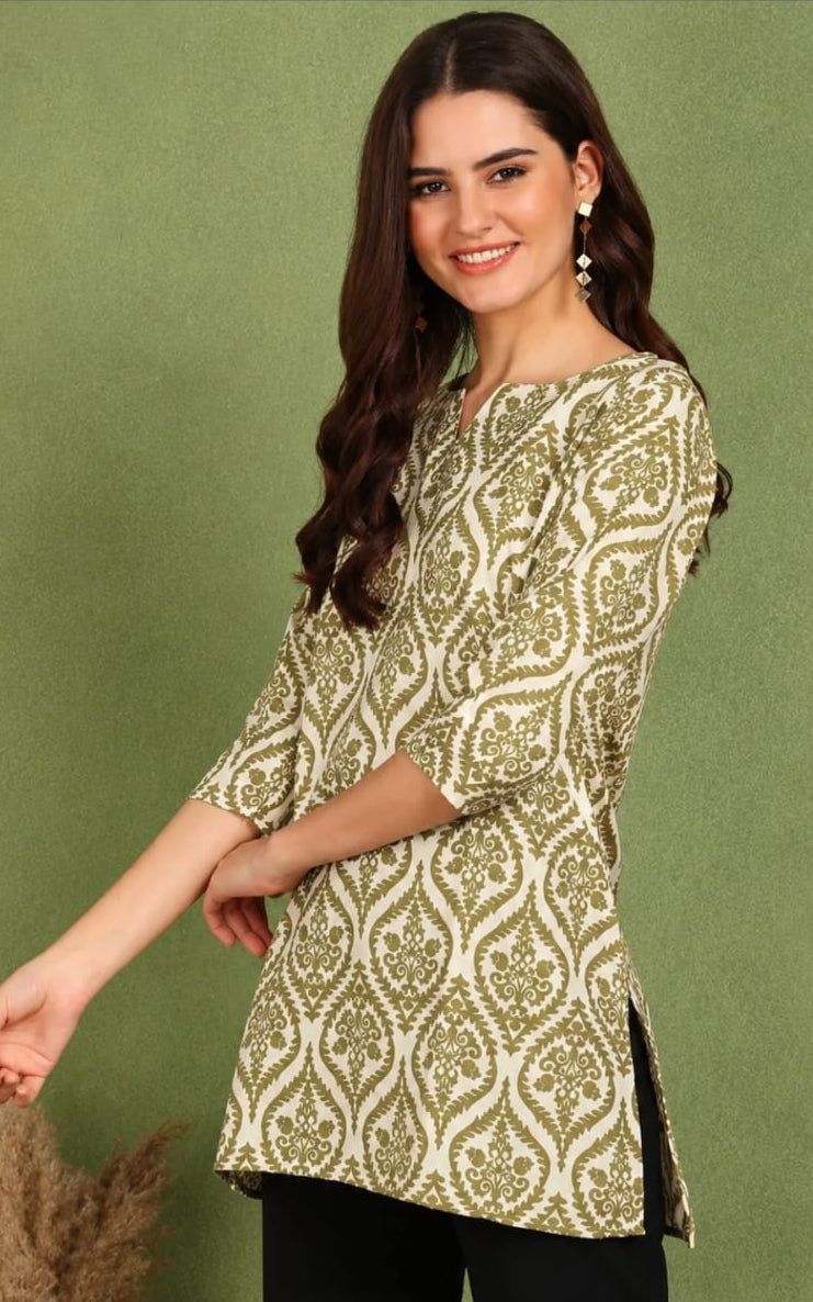 Notch neck cotton kurti, above knee, three quater sleeves length