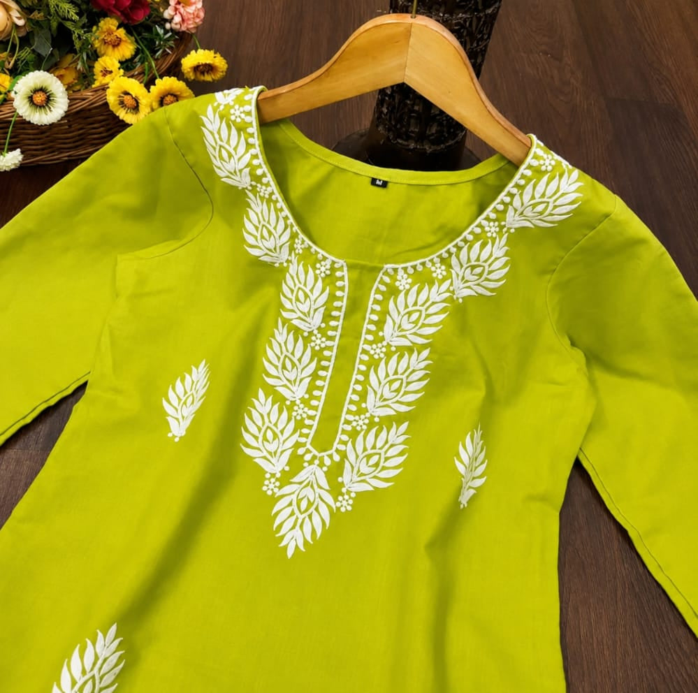 Cotton blend round neck kurti, above knee, sleeves length is three quater