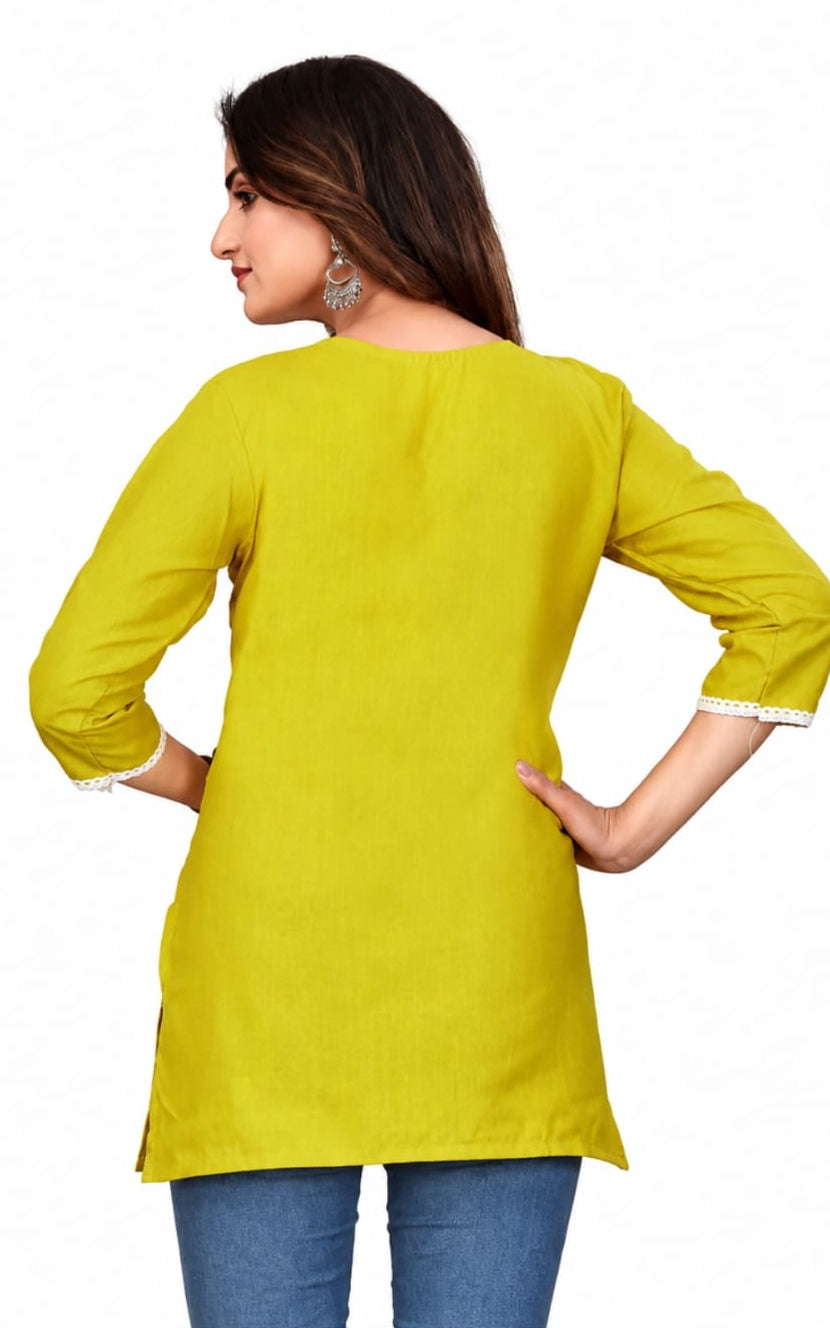 Cotton blend round neck kurti, above knee, sleeves length is three quater