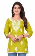 Cotton blend round neck kurti, above knee, sleeves length is three quater