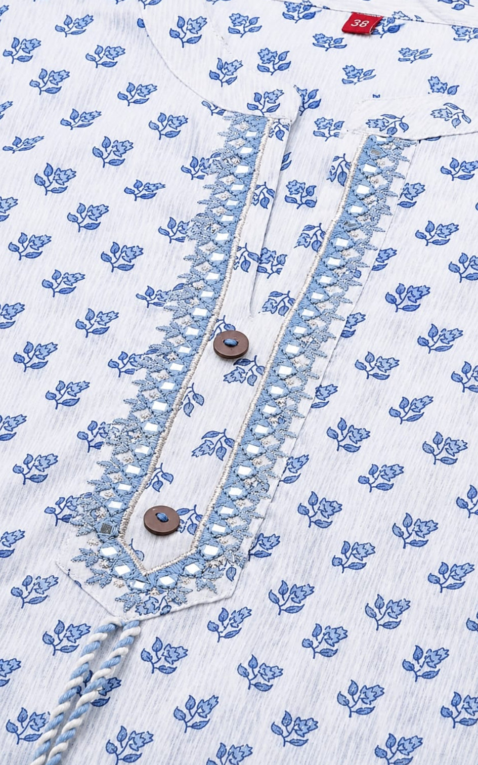 Rayon short kurti, round neck, above knee, sleeves length is three quater