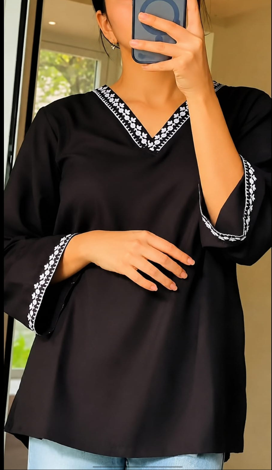 V-neck rayon short kurti, above knee, sleeves length is three quater