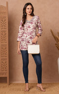 V-neck rayon short kurti, above knee, sleeves length is three quater