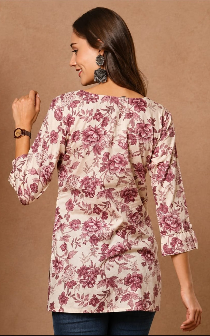 V-neck rayon short kurti, above knee, sleeves length is three quater