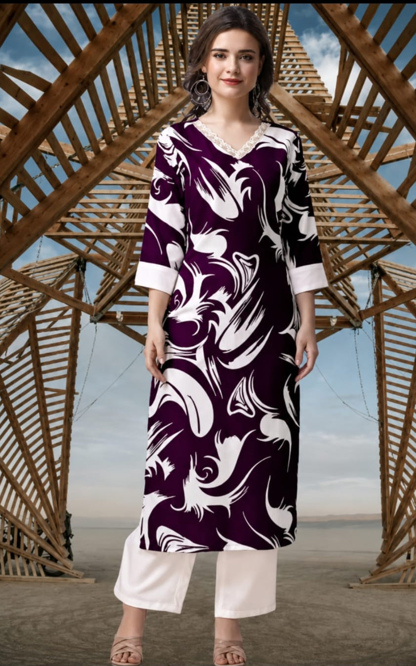 Kurta with bottomwear, V-neck, calf length, sleeves length is three quater