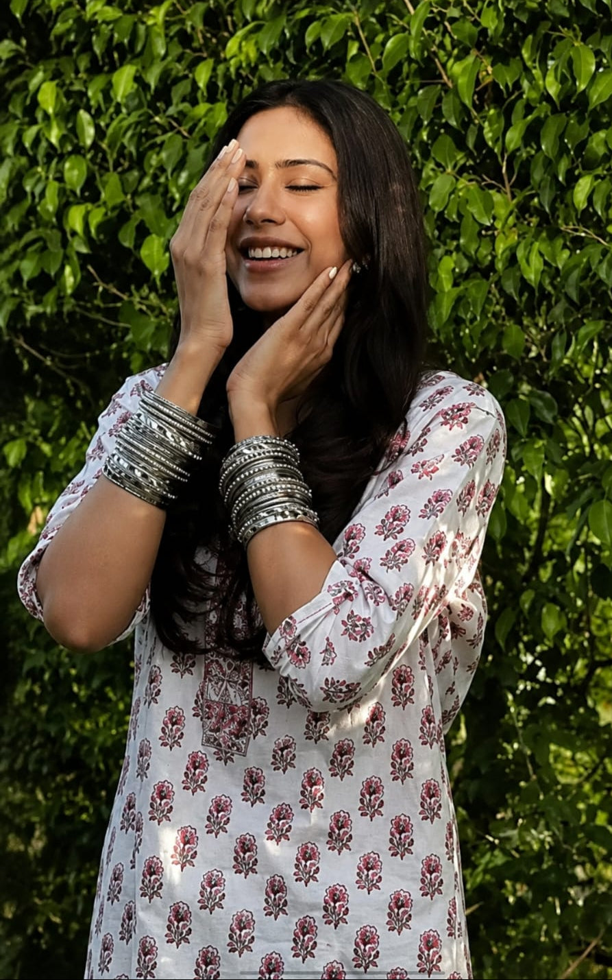 Round neck rayon kurti, calf length, sleeves length is three quater